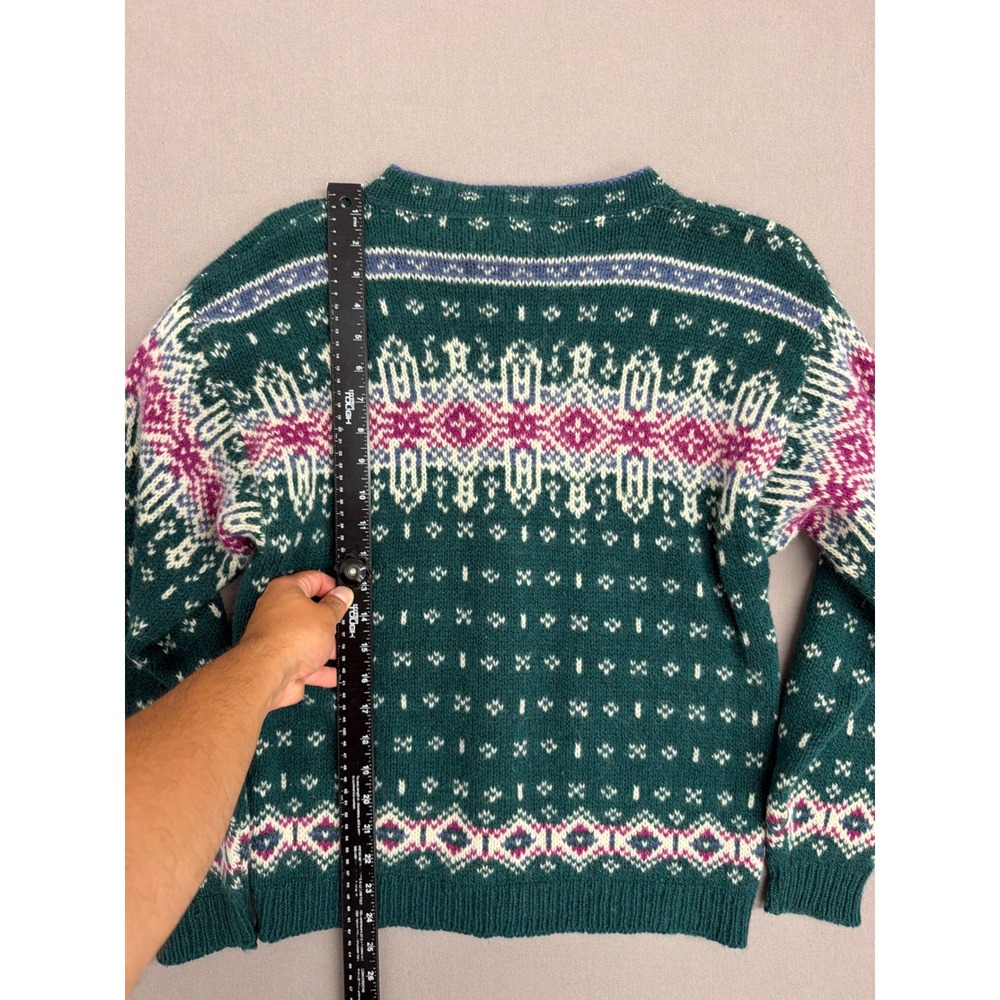 LL Bean Vintage Fair Isle Cardigan Sweater Green Pink Nordic Wool Blend USA Med - Picture 4 of 7